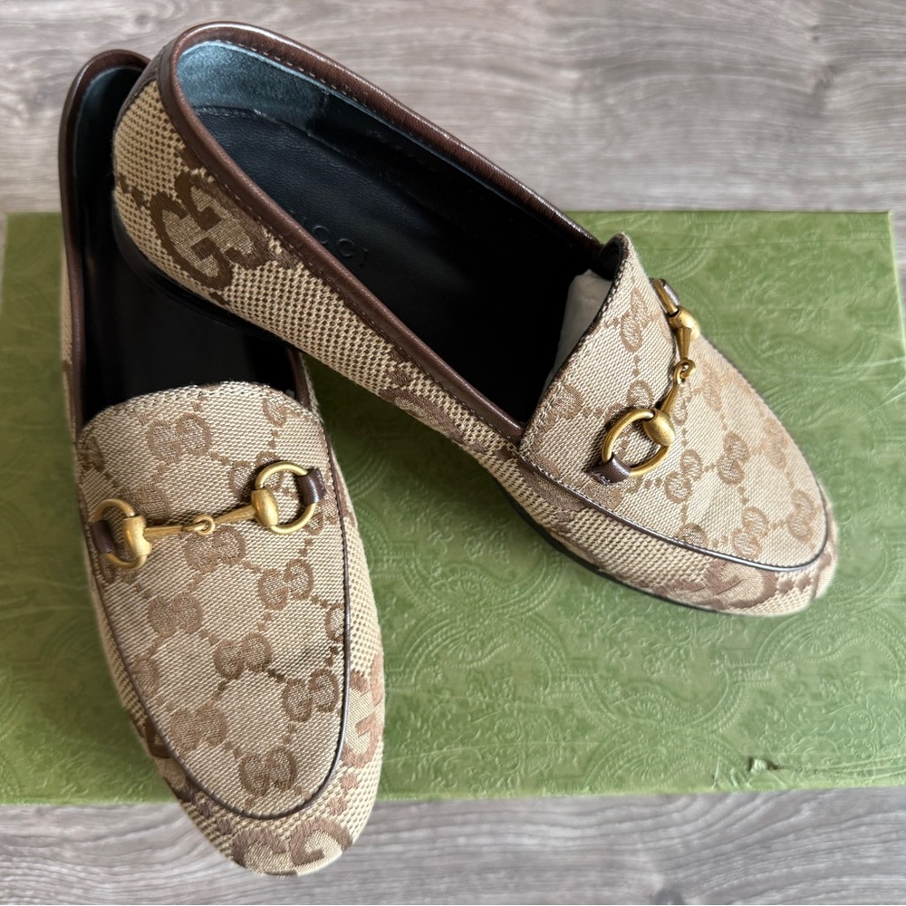 GUCCI Canvas Horsebit Loafers in Beige and Brown